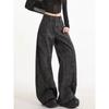 Black printed tooling jeans women's autumn new niche design high waist loose deconstruction scimitar wide leg pants