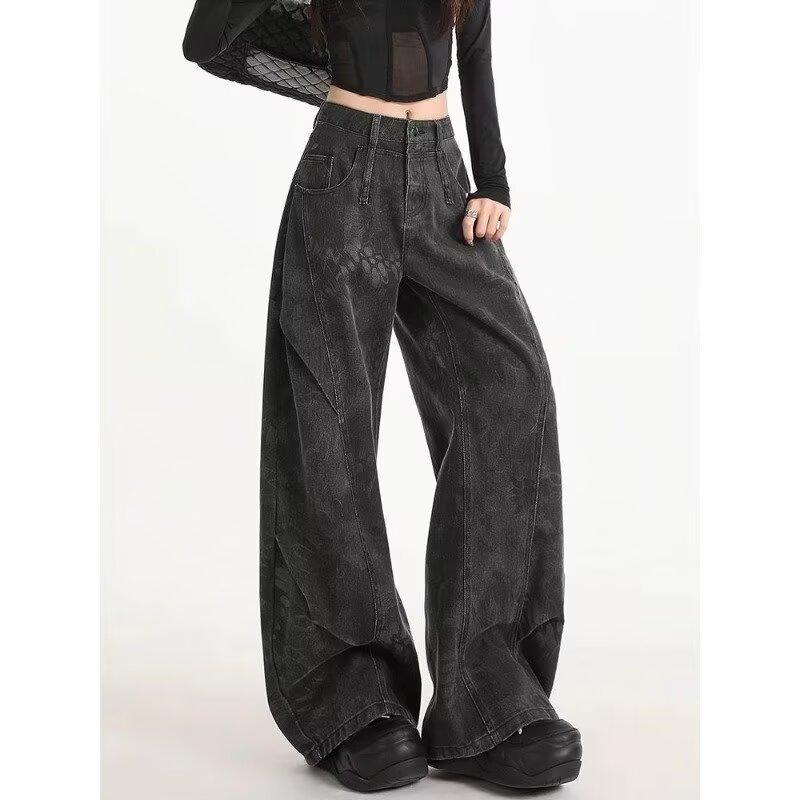 Black printed tooling jeans women's autumn new niche design high waist loose deconstruction scimitar wide leg pants
