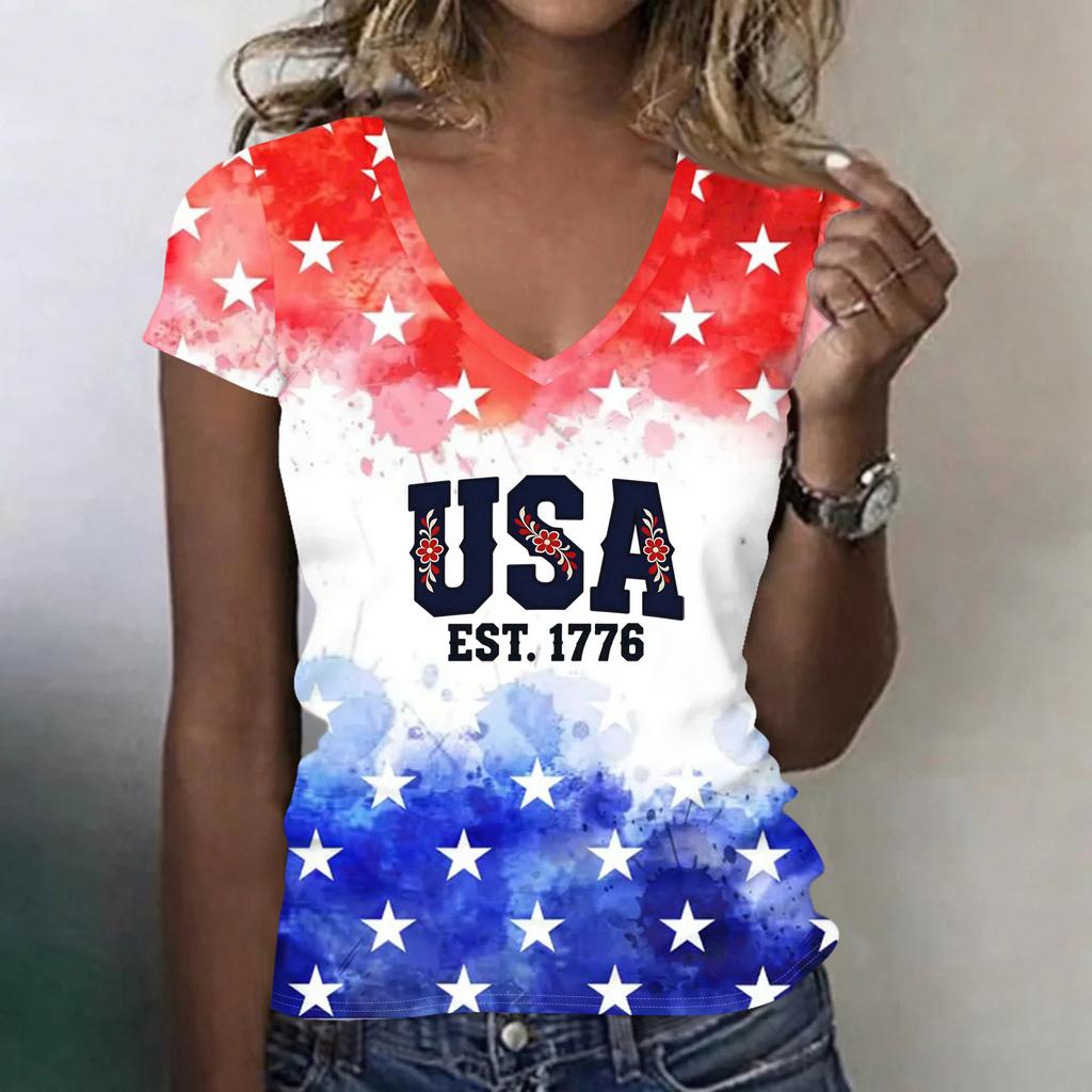 Women V Neck Short Sleeve Lightweight Top USA Patriotic Print Independence Day Casual Tee Shirt