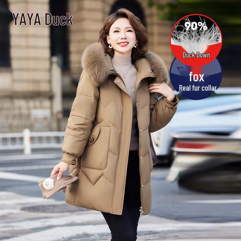 YAYA Women's 2025 Winter Mid-Length Hooded Down Jacket with Fox Fur Collar