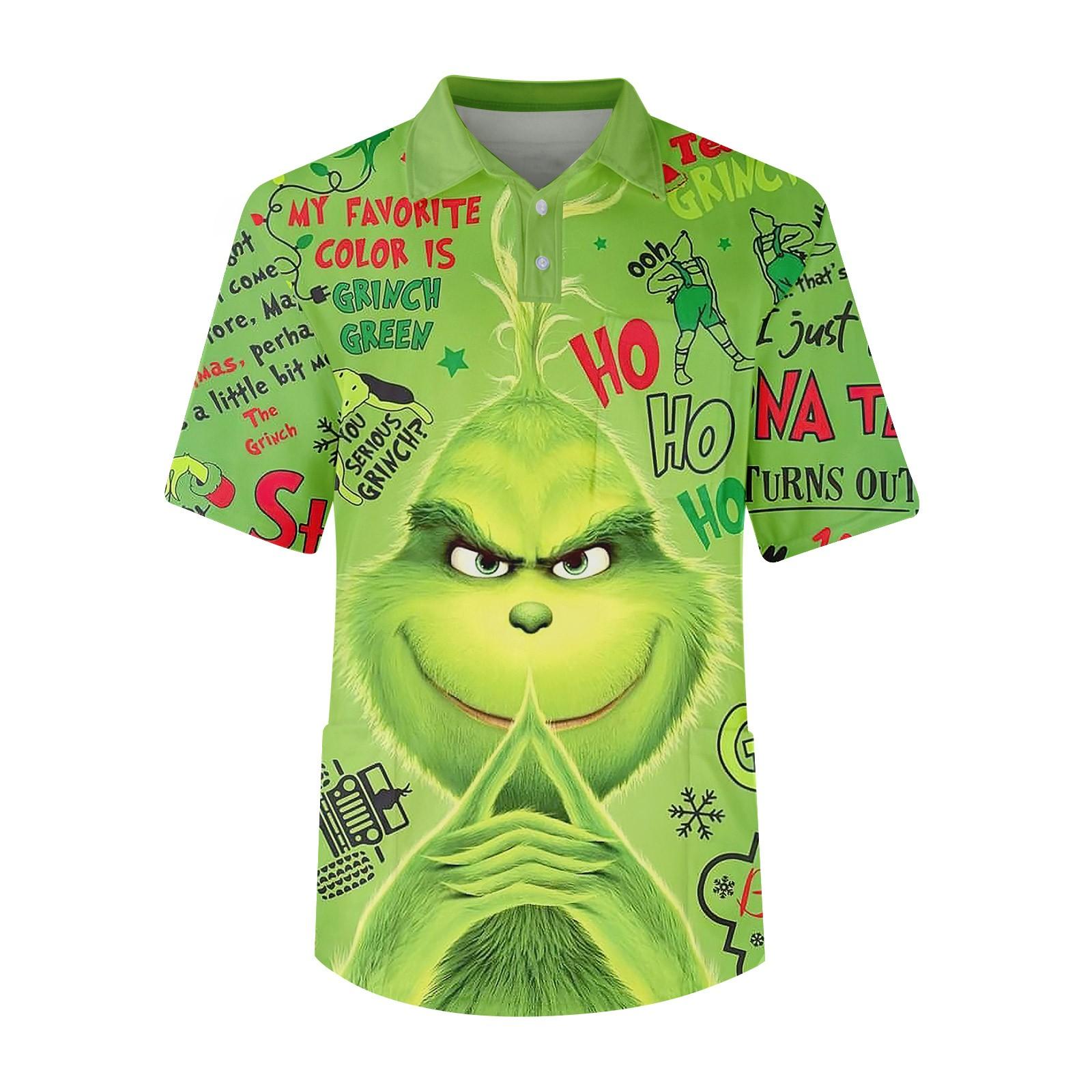 

Мужской топ с коротким рукавом, на пуговицах, с лацканами, с рождественским принтом, с нагрудным карманом, быстросохнущий M зелёный