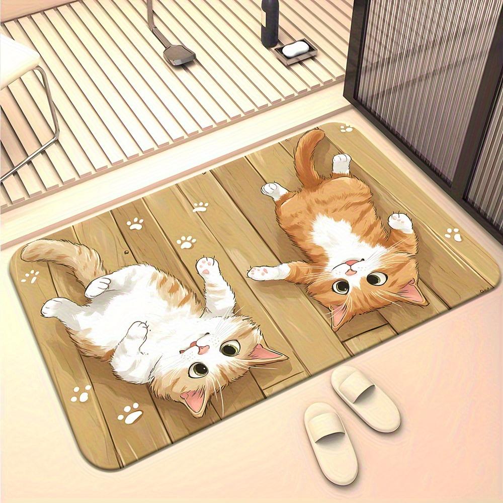 Cute Lying Cats Wood Grain Flannel Bath Mat, Playful Pet Lover Design Anti-Slip Absorbent Rug for Bedroom & Entryway, Machine
