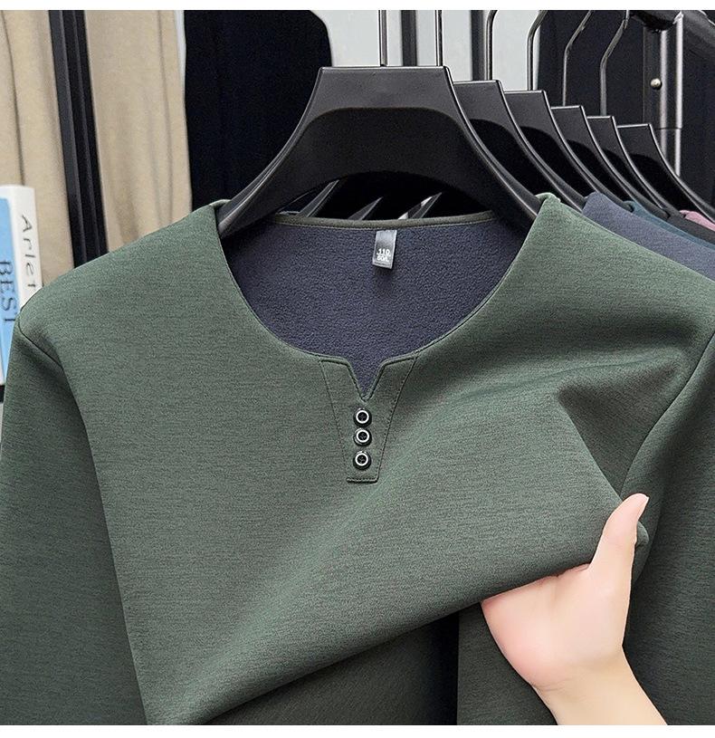 2025 Men's V-Neck Long Sleeve Plus Velvet Thickened T-shirt - Autumn/Winter, Youth Plus Size, Solid Color Base Layer