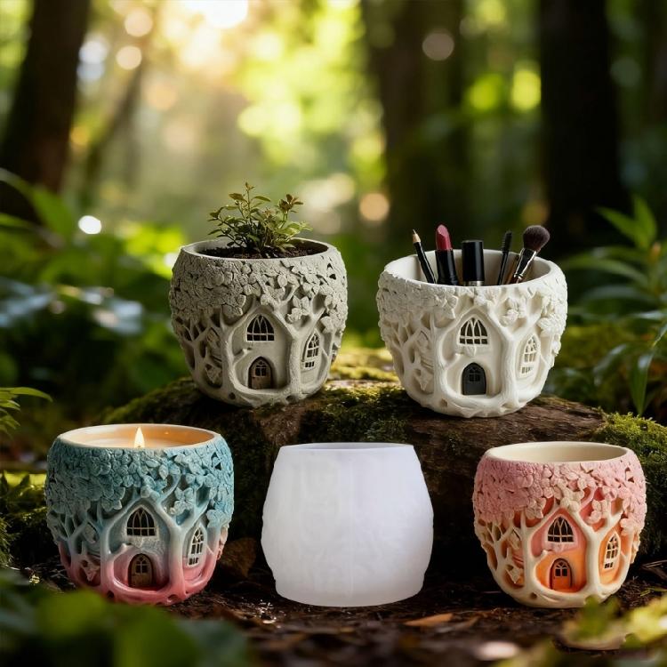 Craft Silicone Mold with Fanciful Tree House Shape Flowerpot Molds Silicone Texture for Resin Art and Little Decorations