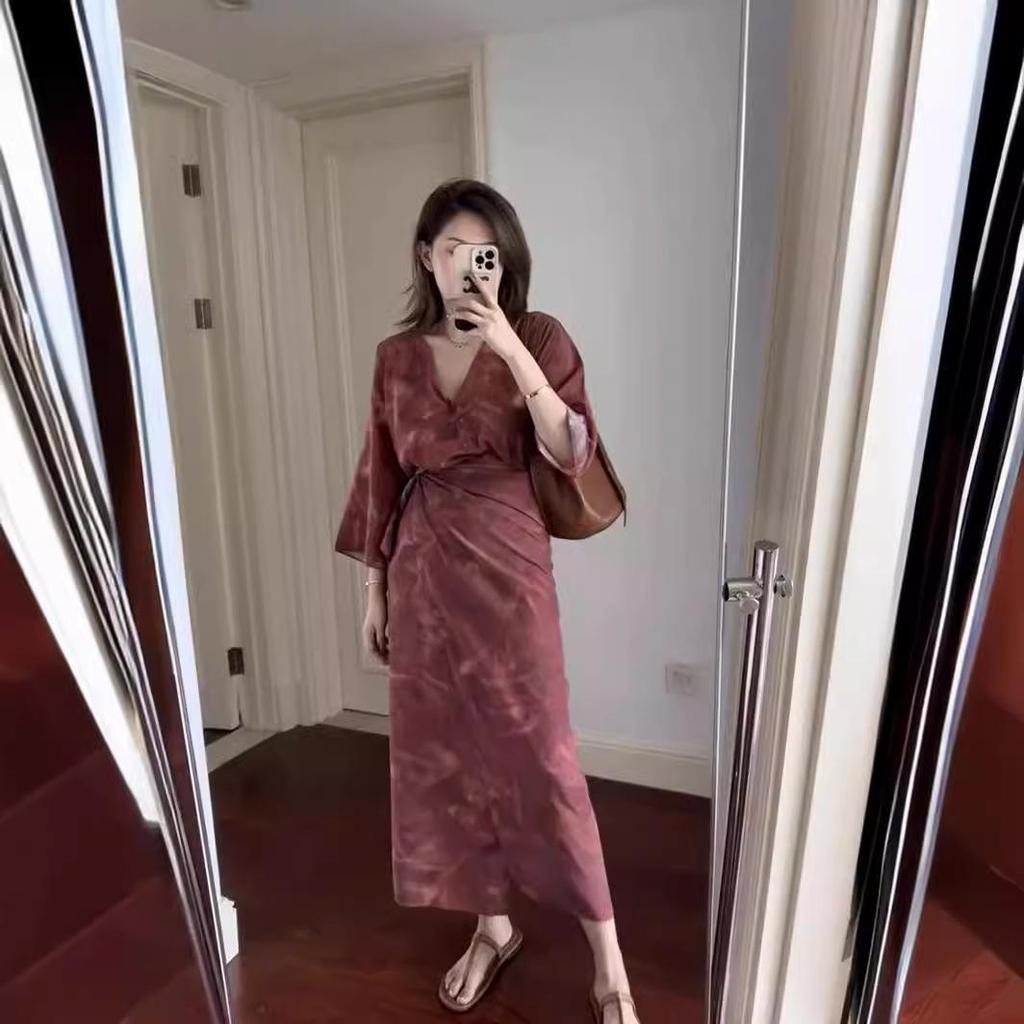 Elegant Burgundy Silk Wrap V-Neck Dress with Mid Sleeves