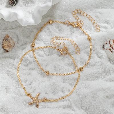 Women's Double-Layer Starfish Anklet, Gold Thin Chain Beaded Anklet, Niche Design Ankle Chain for Seaside Vacation Style