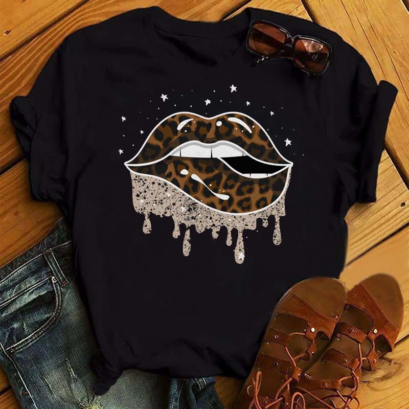New Unisex Pink Lips Leopard Graphic T Shirt Casual Fahion Oneck Sexy Black Tees Kiss Lip Funny Girls Tshirtdrop Shipping