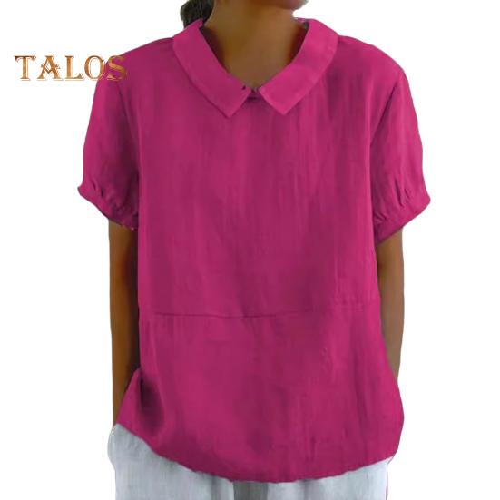

Женская повседневная рубашка с отложным воротником, короткий рукав, однотонная свободная футболка, летняя футболка, повседневная одежда XXL темно-розовый