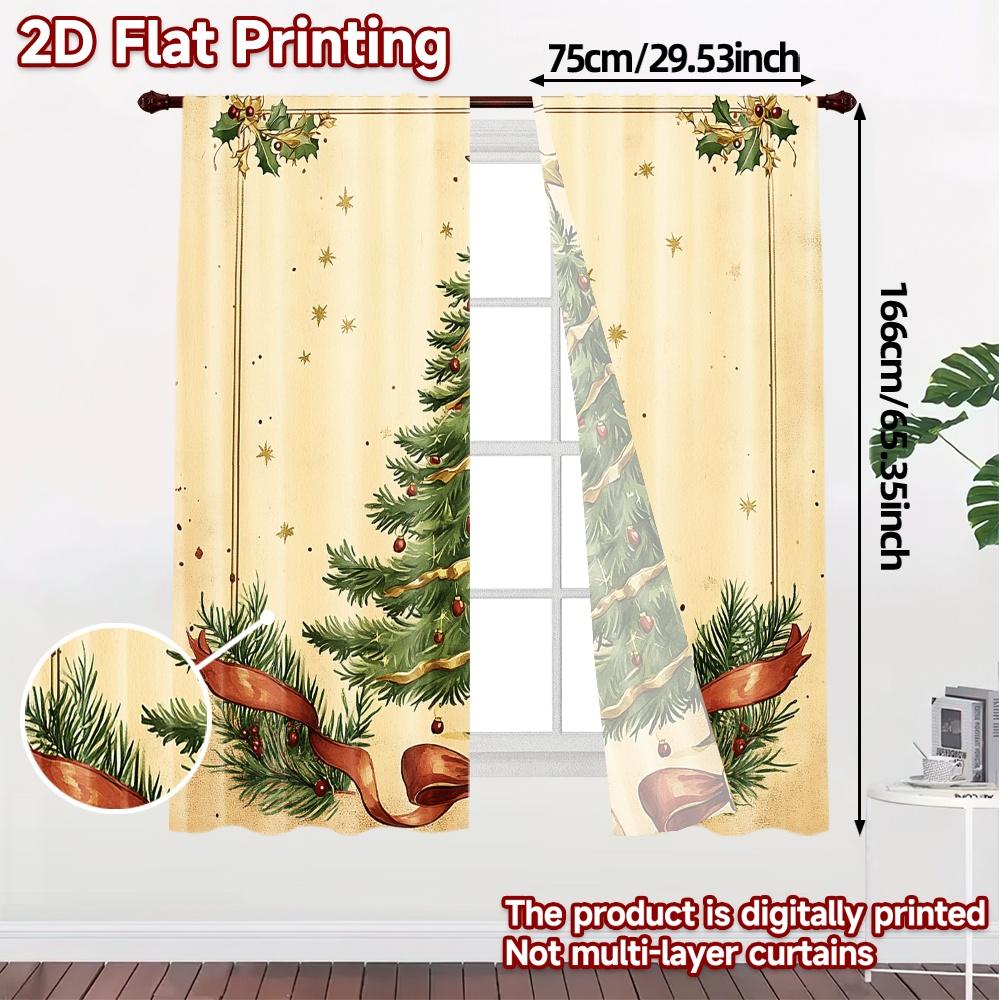 2pcs,Curtains Christmas Tree Holly Stars Modern Curtains Digital Printed Durable Polyester Curtains Room Decor Decorative for