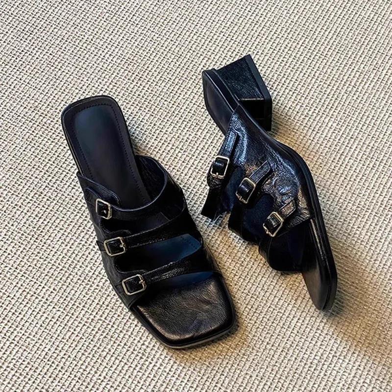 Women Slippers New Square Toe Sandals Party Shoes 2025 Summer Elegant Woman Pumps Brand Buckle Slides Sandalias Mujer