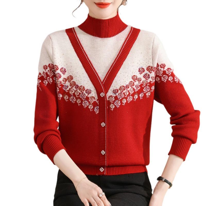 Mom autumn and winter thickened knitted sweater fake two-piece top integrated fleece women's winter fleece sweater bottoming shirt