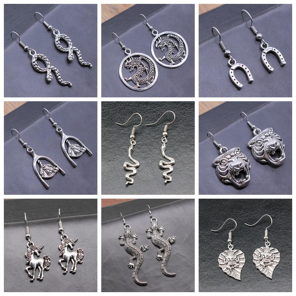 50 Styles Animal Pendant Dangle Earrings Drop Earrings Antique Silver Color Plated Unicorn Horse Elephant Snake Tiger Earrings