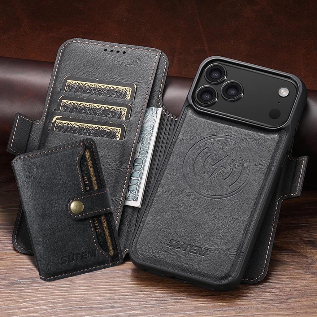 iPhone 17 Pro Max Leather Flip Case: Card Slot, Magnetic, Wireless Charging Stand