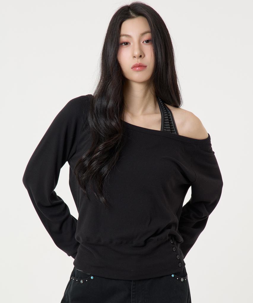 UNKNOWN PLANET [Set] Layered Striped Halter Top Long Sleeve T-Shirt Black