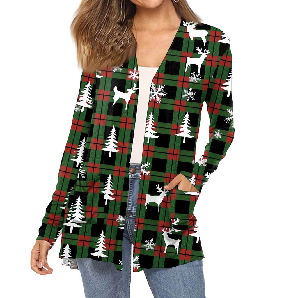Women's Fashion Christmas Print Long-Sleeved Pocketed Slim-Fit Cardigan Coat