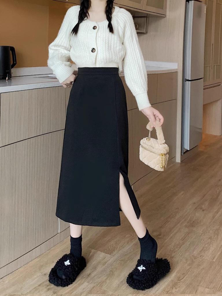 High Waist A-Line Women's Midi Skirt with Slit - 2024 Spring Korean Fashion