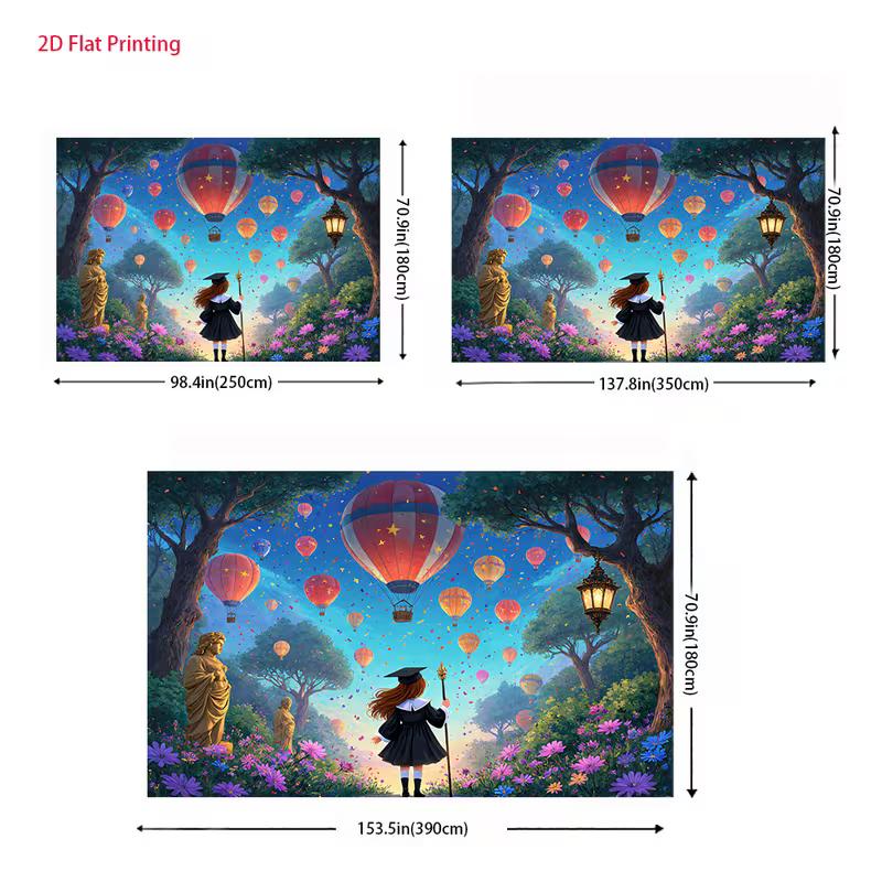 2D Magical Graduation Backdrop 2D Graduate Girl with Staff and Colorful Balloons Photo Background for Photography Decor