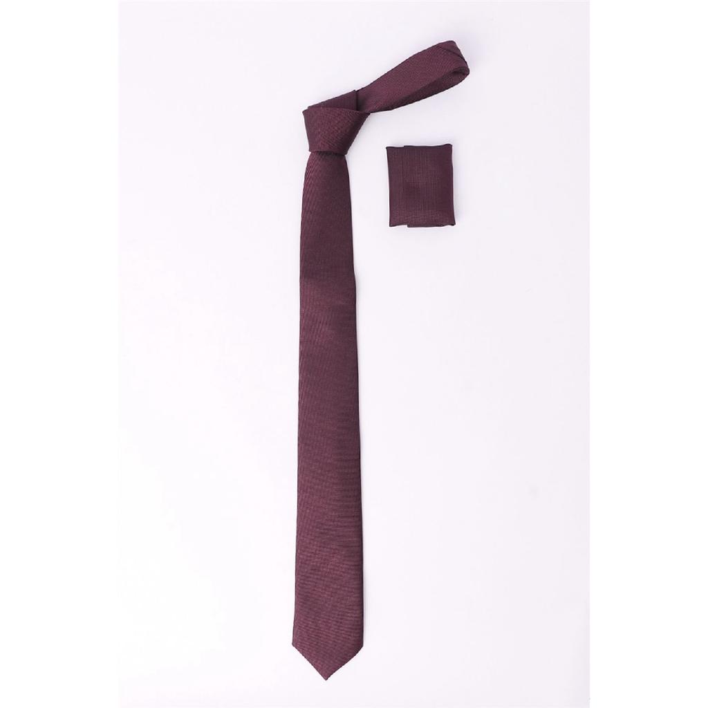 Plain Men's Burgundy Tie With Pocket Handkerchief