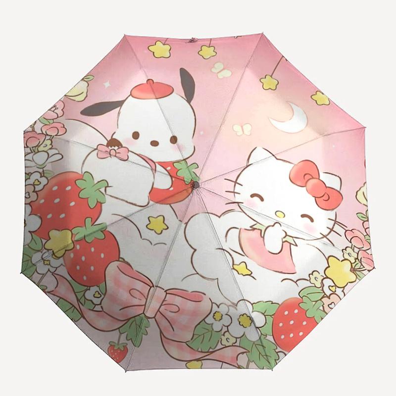 1pc Hello Kitty & My Melody Floral Wreath Automatic Opening/Closing Umbrella with Convenient Three-Fold Design, 8-Bone Iron Frame, Outdoor, Perfect Gi