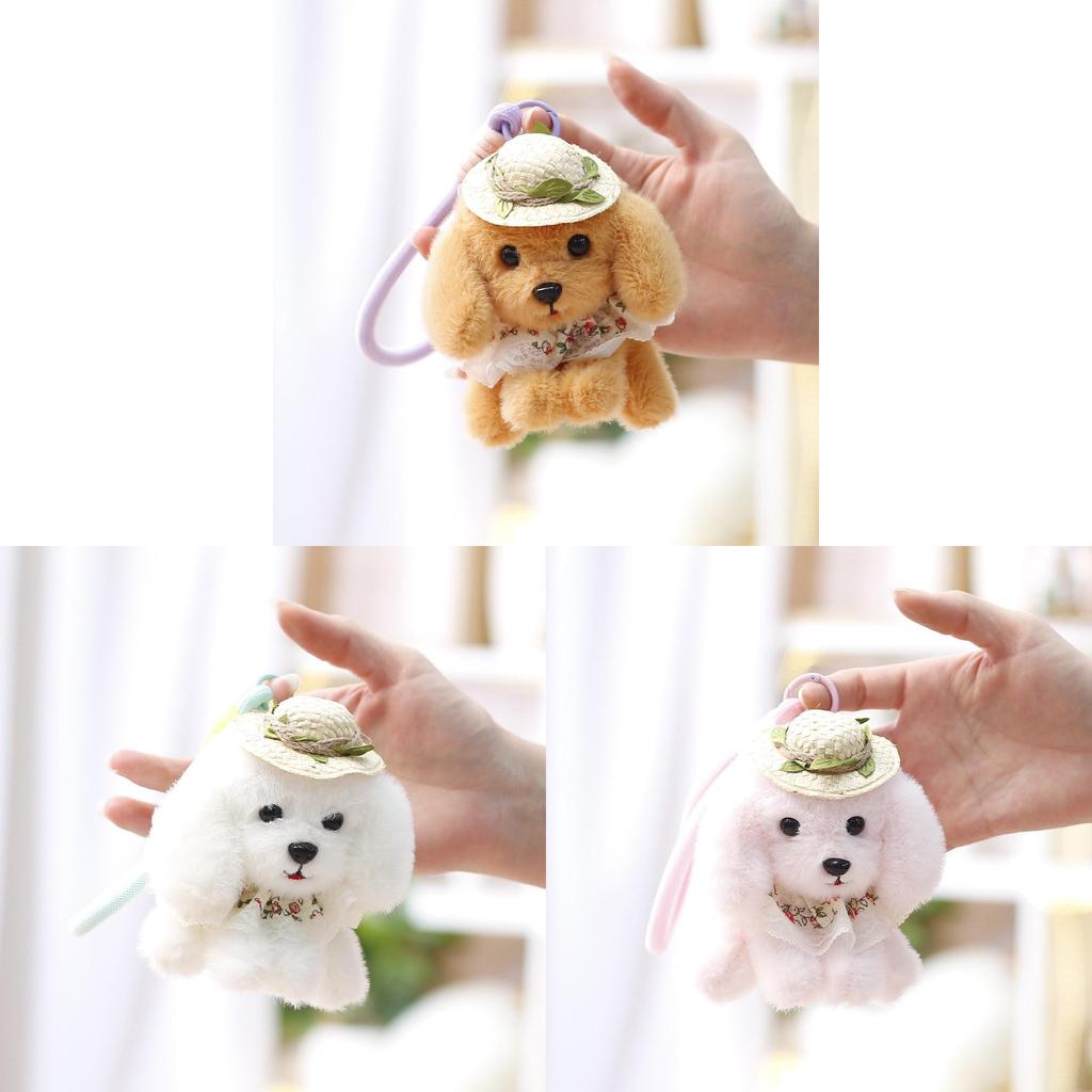 Plush Teddy Dog Keychain With Straw Hat For Girls Gift And Bag Decor