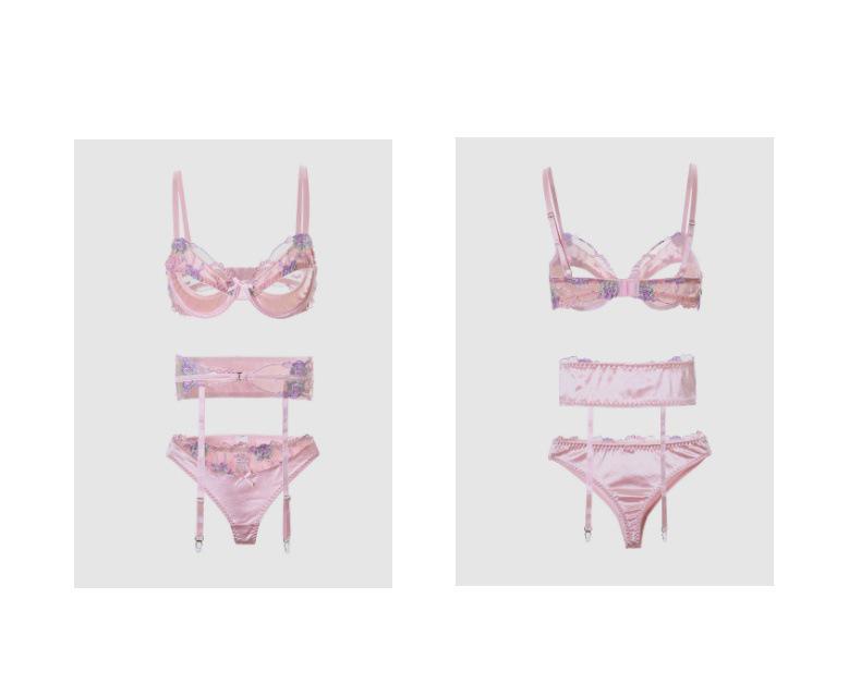 Pink Satin Embroidered Lingerie Set with Open Cup Bra, Garter, and Panty