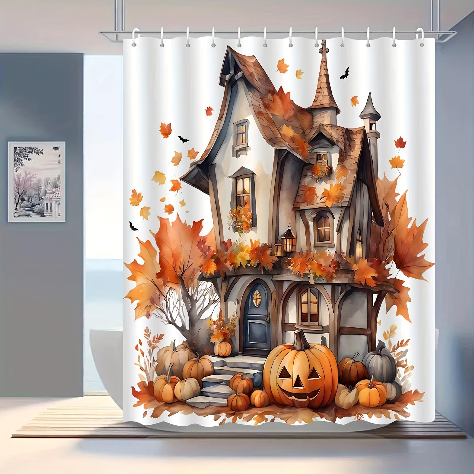 

Halloween Pumpkin & Maple Leaves Shower Curtain, Water-Resistant Polyester Knit, All-Season Holiday Bath Decor W60H190(CM)-1 Pcs