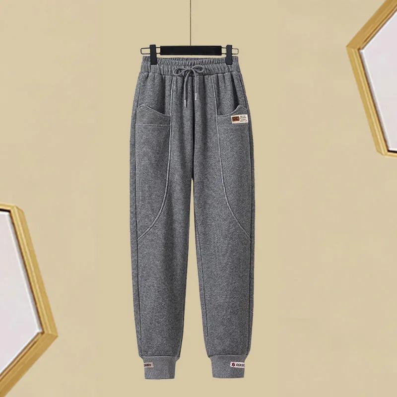 High-waisted Women's Trousers Thickened Plus Size Autumn Winter Solid Coloured Simple Loose Leisure Warm Drawstring Trousers