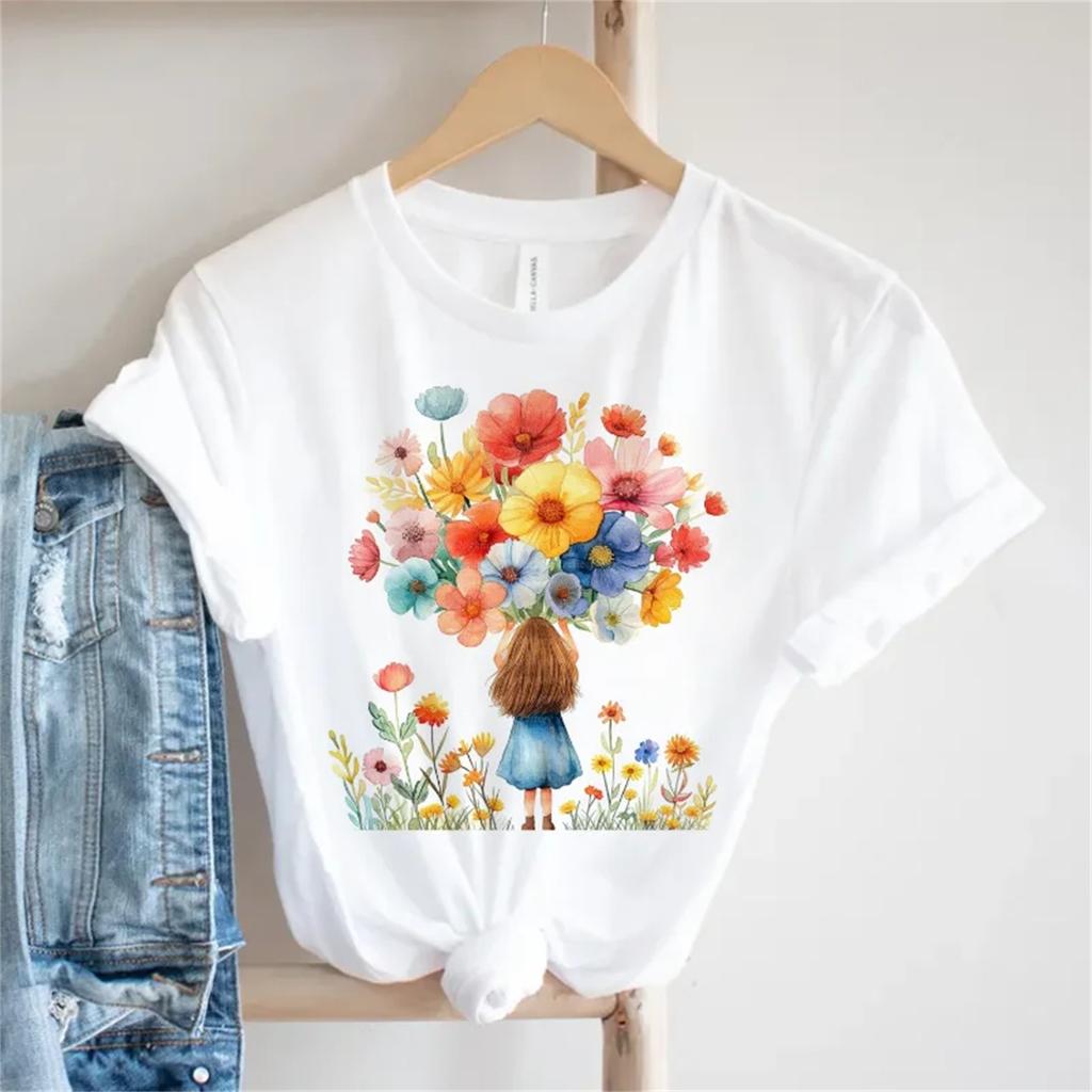 Cute Girl Women's Street Printed T-Shirt Cartoon Flower Pattern Printed White Women's Clothing O-Neck Casual Fun Regular T-Shirt