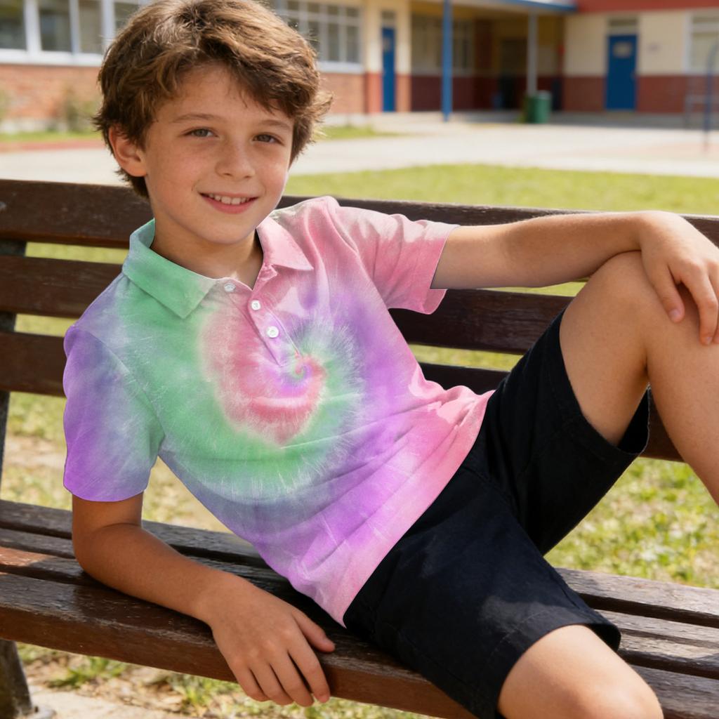 Kids Polo Shirt Short Sleeve Tie Dye Pattern Quick Dry Collared Top Lightweight Breathable Fabric Summer Casual Tee for Boys Girls