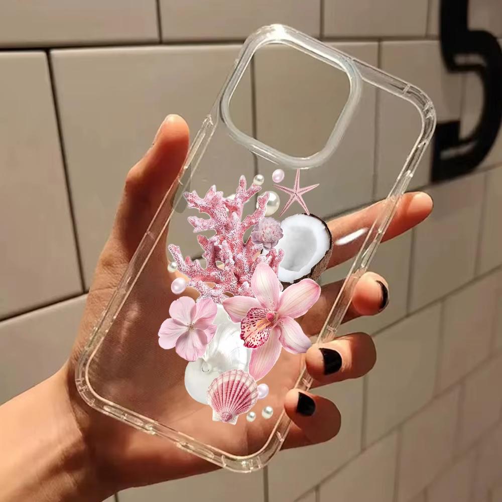 Pink Ocean Orchid Pattern Clear Phone Case for IPhone 17 Air 11 12 13 14 15 16 Pro Max 14 15 Plus XS X XR Shockproof Soft Cover