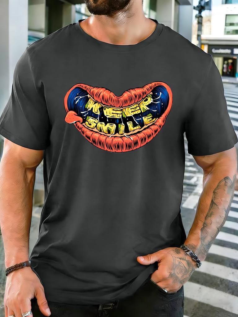 Vintage Unisexs Soft Cotton Tee Colorful Big Mouth Keep Smile Letter Print Urban Crew Neck Short Sleeve T Shirt For Guys