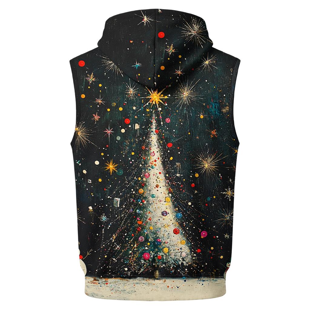 Men's Hooded Sleeveless Zip Up Vest with Christmas Print Casual Holiday Celebration Outfit