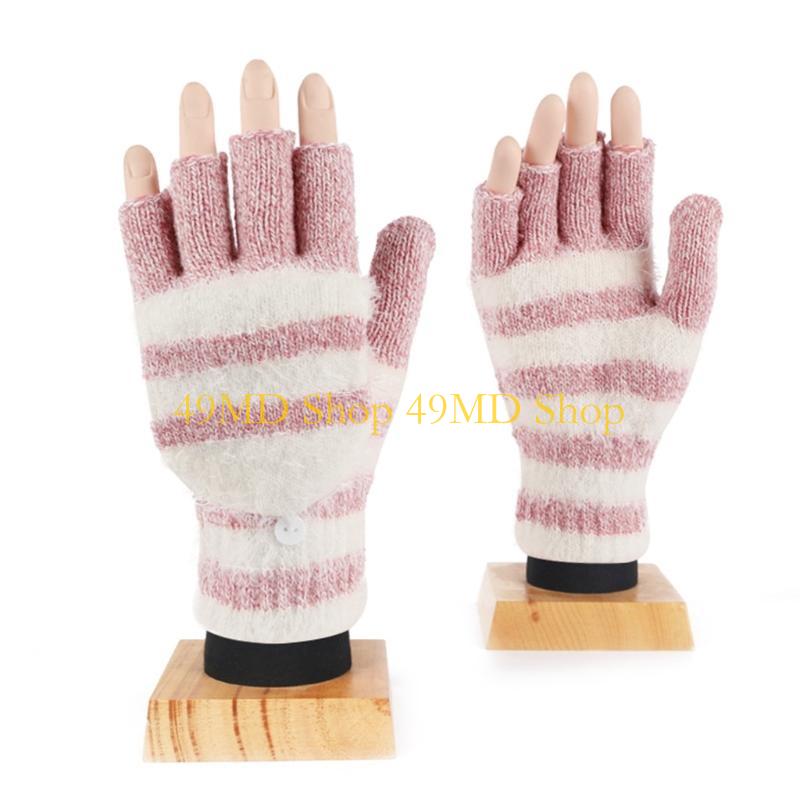 49MD Knitted Fingerless Gloves Winter Striped Gloves Cartoon Mitten with Top