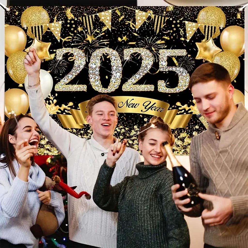 2025 Happy New Year Backdrop for Photography Champagne Golden Balloon Banner Celebrate Party Background Poster