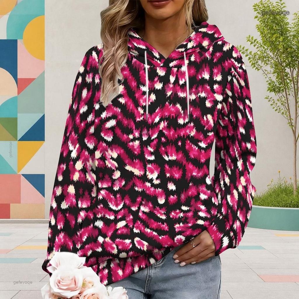 Women Plus Size Navy Blue Printed Long Sleeve Drawstring Hoodie With Kangaroo Pocket
