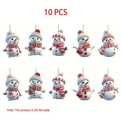 [2D Plano] 10 piezas Adornos Acrílicos Festivos de Muñeco de Nieve - Colgante de Navidad, para Árboles de Navidad, Regalos Ideales para las Fiestas, Adornos de Estilo Plano