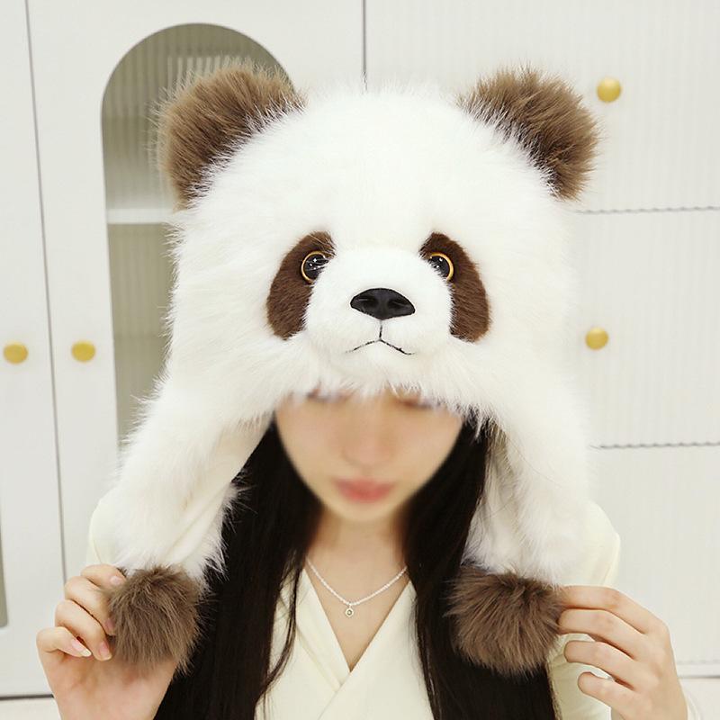 Chapeau Épais en Peluche Fleur Panda Géant Cheveux Vison Imitation Chapeau Protection Oreilles Enfant Adulte Base de Chengdu Même Style
