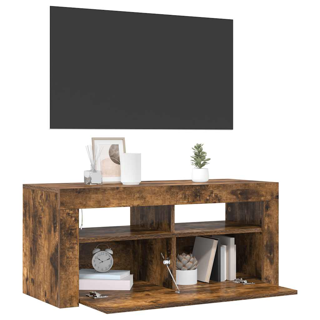 TV Stand with LED Lights Smoked Oak Finish 90 x 35 x 40 cm