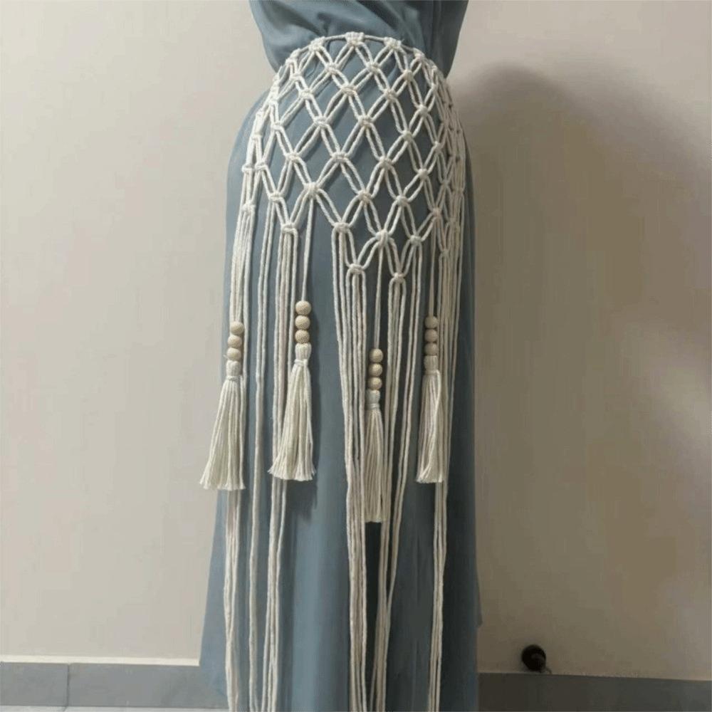 Bohemian Netted Fringe Waistband Ethnic Design Mesh Tassel Waistband  Women s Waist Accessory Square Shape