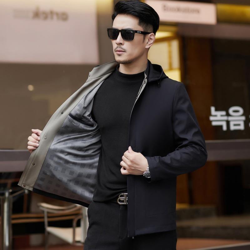 Spring and Autumn Hooded Mulberry Silk Jacket Men's Middle-aged Business Casual Thin Top Mid-Length Dad's Clothing Men's Jacket