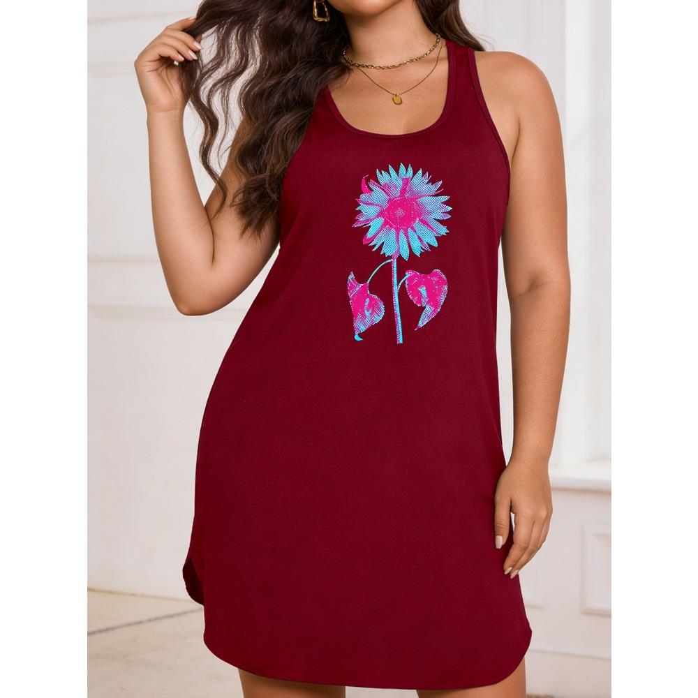 Women s plus-size fashionable casual sunflower print dress, suitable for home use and outings S