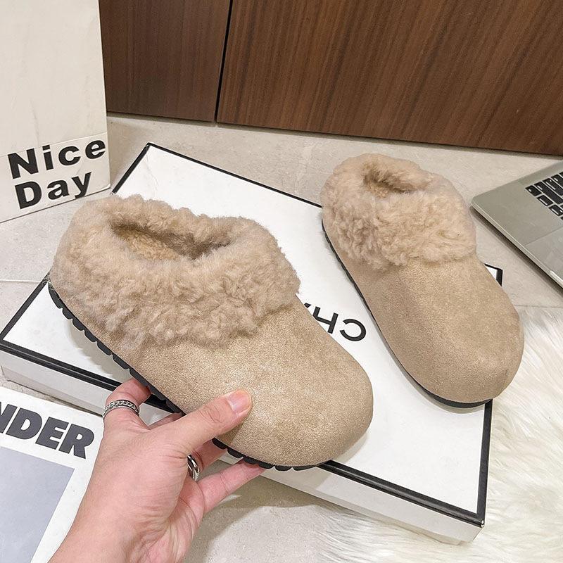 Autumn and Winter Wear Retro Bag Head Half Slippers Women's Thick Bottom Warm Plush Cotton Slippers