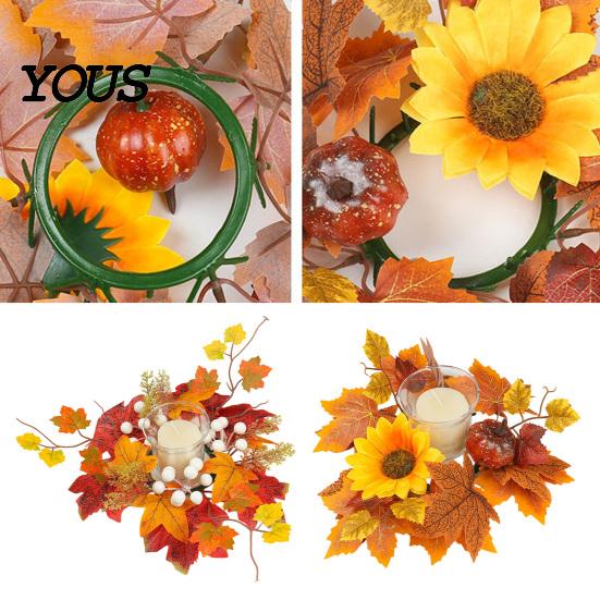 Berry And Pumpkin Candle Decor Fall Rings Wreaths, Artificial Maple Leaf Ring for Pillar Sunflower Holder, Thanksgiving Halloween Home Party