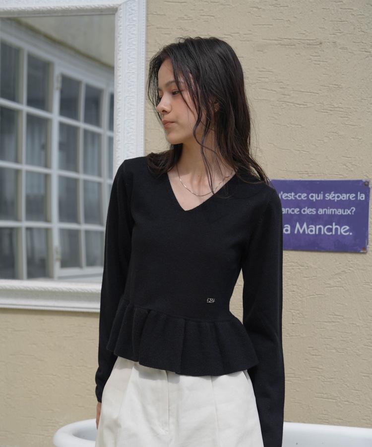 DEHEVE V-Neck Flare Shirring Knit [Black]