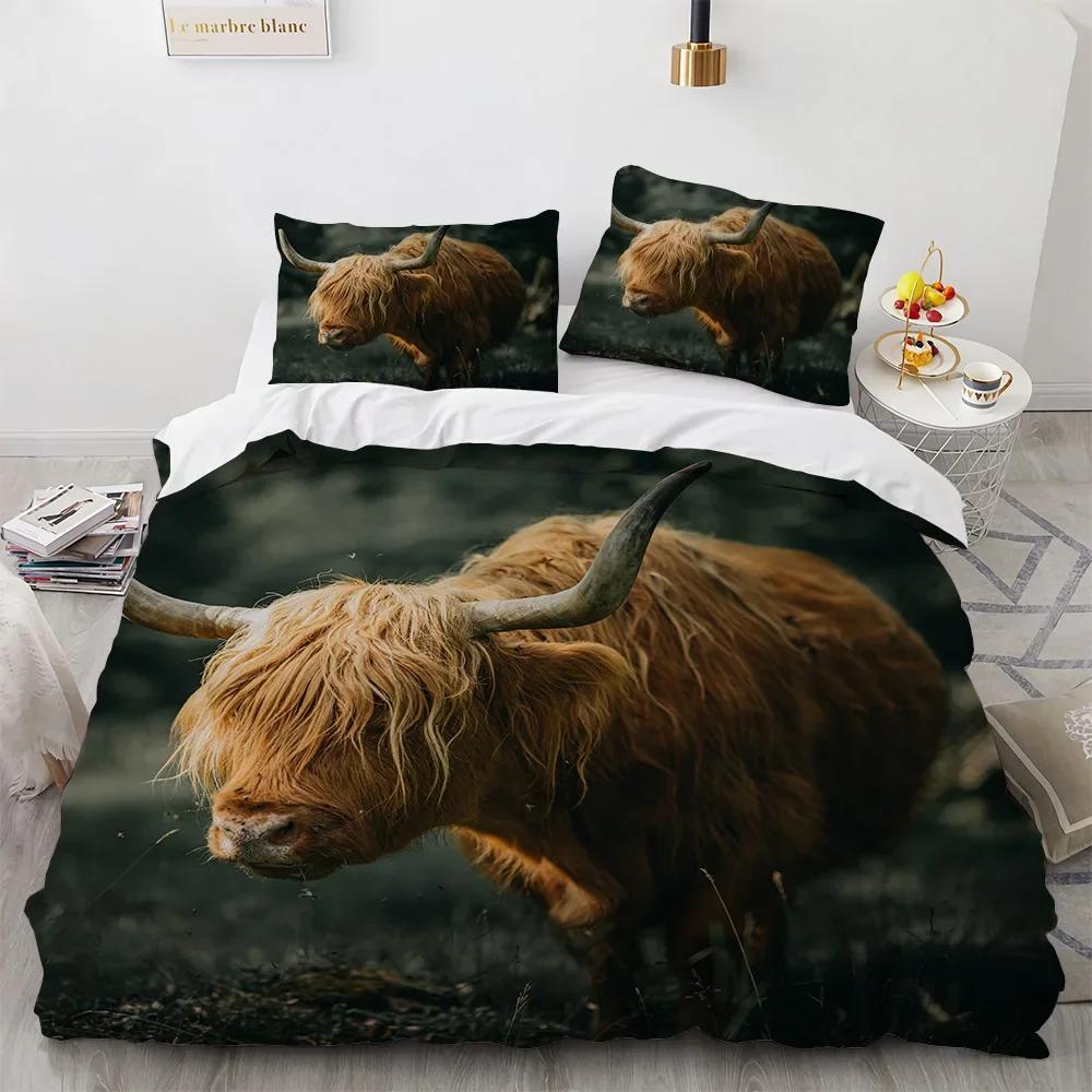 Highland Cow Duvet Cover King/Queen Size, Farm Animal Bull Bedding Set, Funny Cute Herbivores Duvet Cover For Kids Boys Girls
