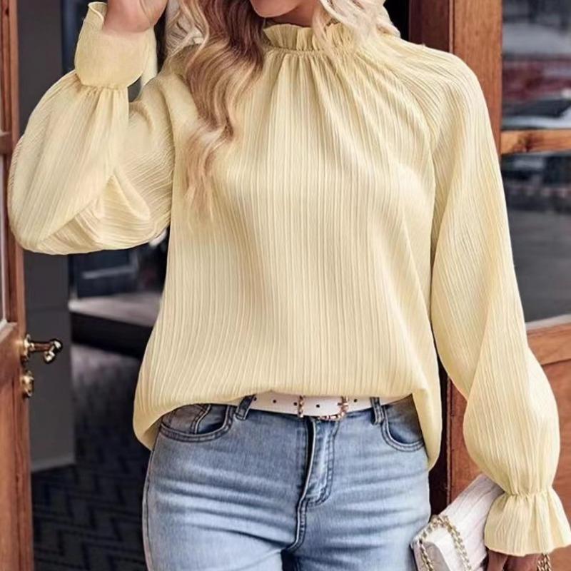 Women's Spring and Summer New Solid Colour Commuter Style Ruffle Collar Loose Type Long-sleeved Blouse Shirt