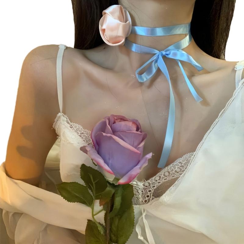 Цветочный чокер-ожерелье Мягкая тканевая основа Цветочный чокер Розовая лента Ожерелья Тканевые аксессуары для женщин Подростков 1 синий