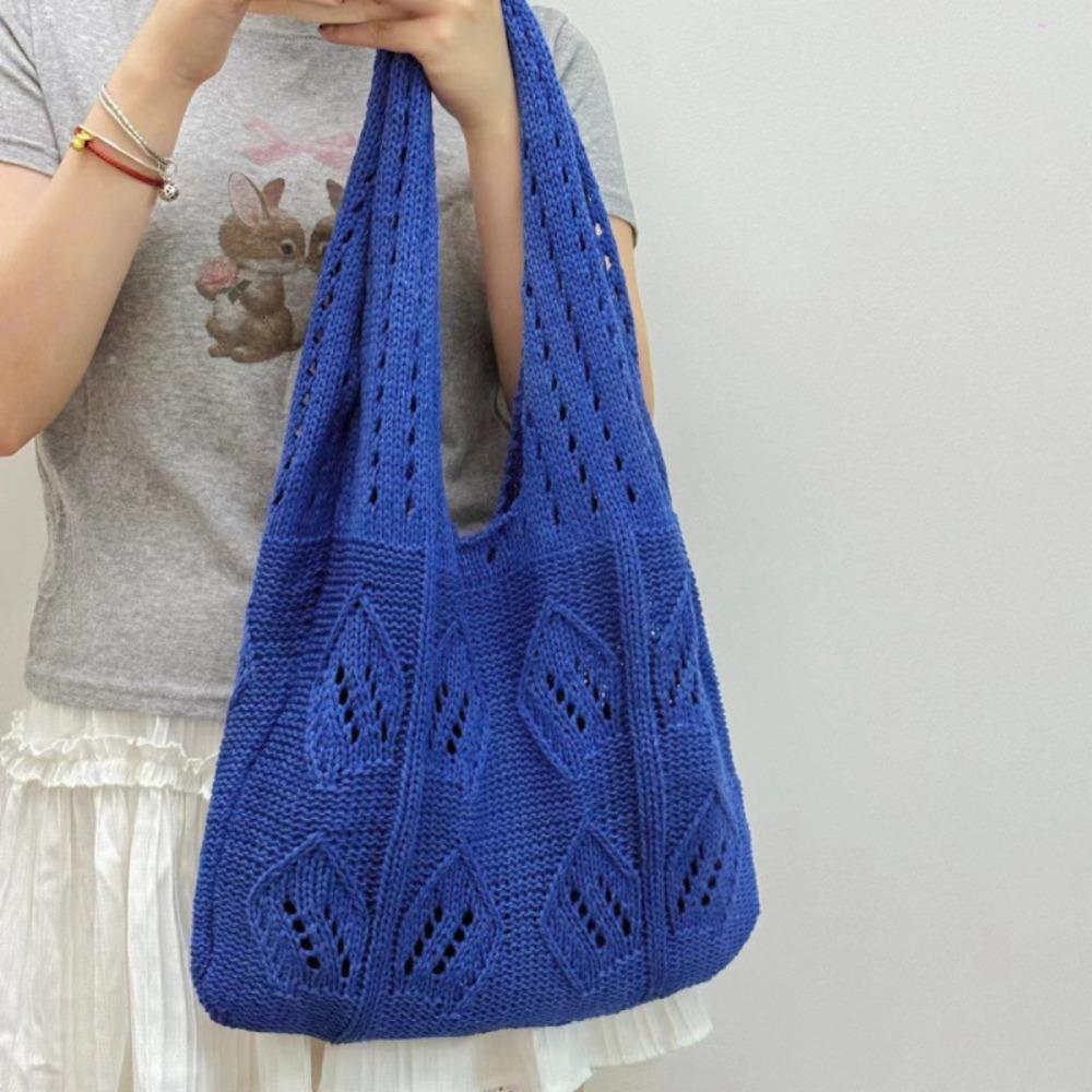 

Large Capacity Hollow Knitted Tote Bag Sweet Summer Beach Handbag Straw Shopping Bag Female синий