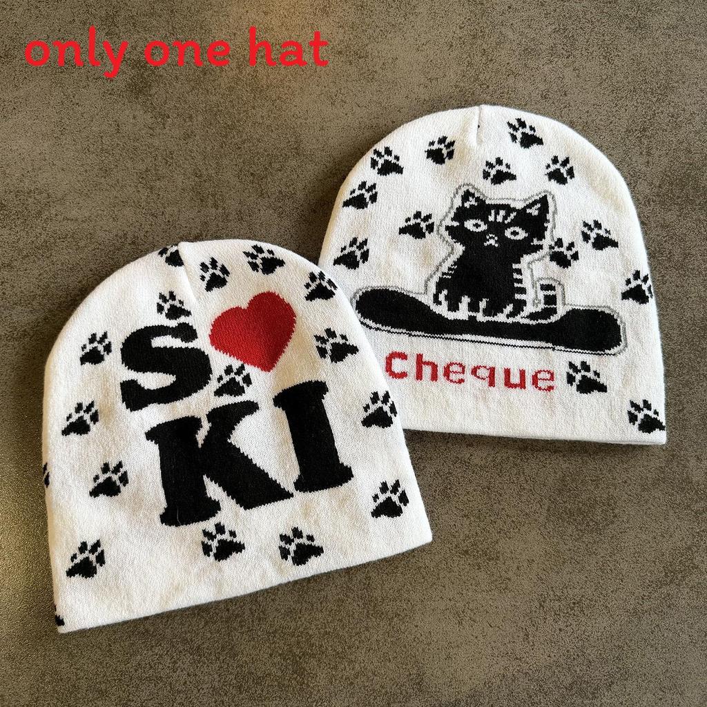 Acrylic Knit Hat With Cat And Letter Jacquard Design For Women Men In Autumn And Winter