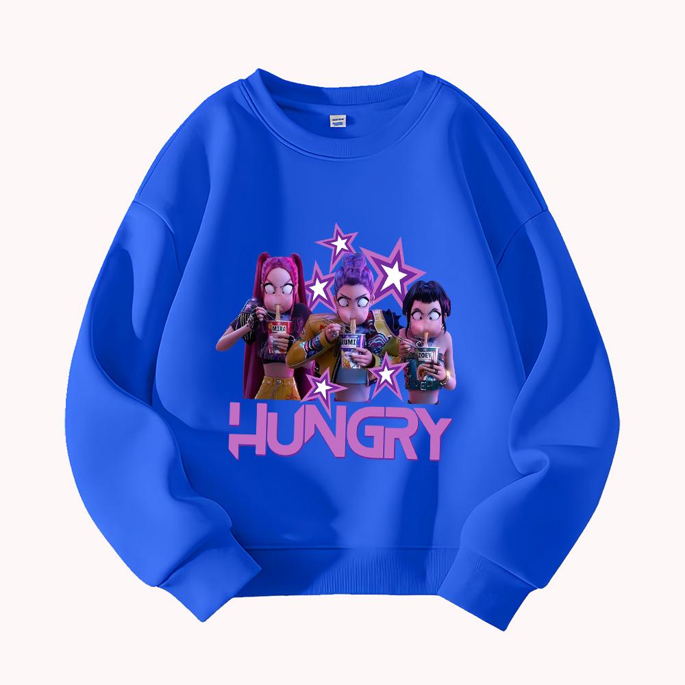 Hungry Graphic Sweatshirt Women's Casual Round Neck Pullover with Anime Girl Print Star Design Fashion Streetwear Top